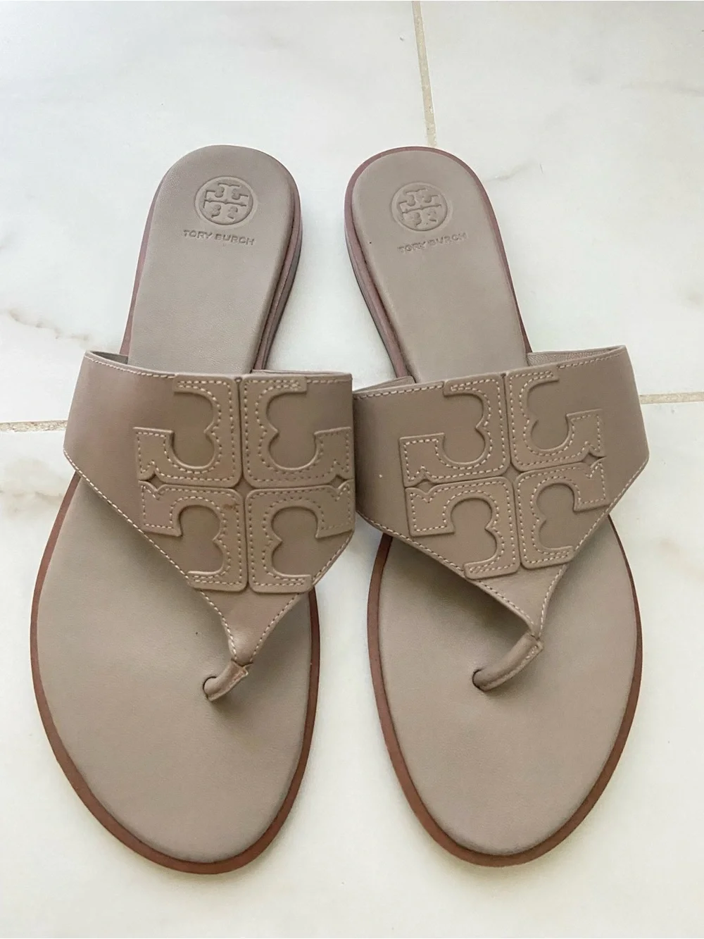 Tory Burch Beige Leather Logo Thong Sandals